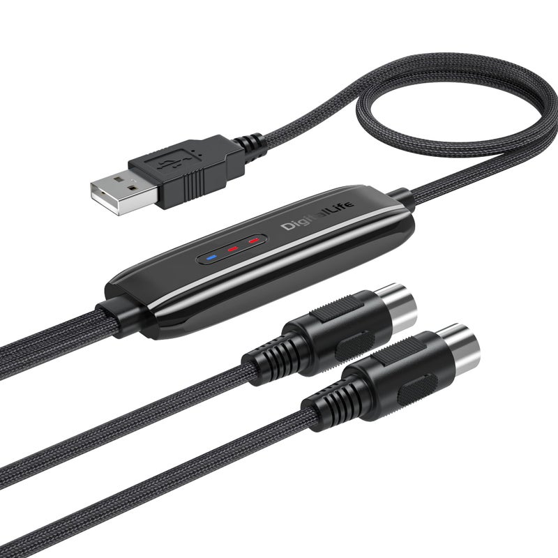 DigitalLife USB to MIDI (5-Pin DIN) Interface Converter Adapter - MIDI-A01, 1-In/1-Out, Compatiable with Windows 11 / macOS 14 Sonoma (6.5FT, Metal) - Image 1